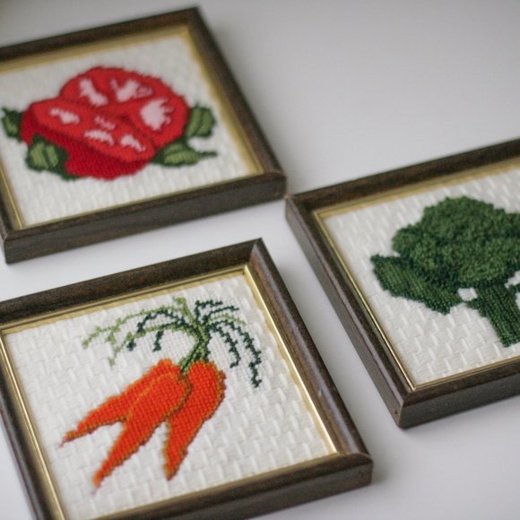 Vintage Wall Decor Vintage Vegetable Needlepoint Framed Embroidery